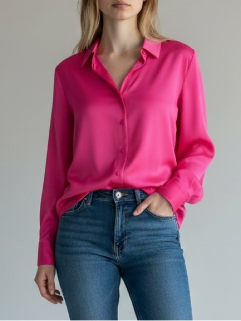 NWT Pure Collection Magenta 100% Silk Button-Down Blouse, Long Sleeve, Sz. 14/16